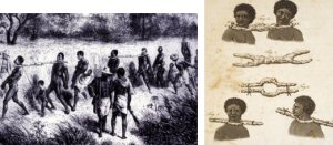 convoi d'esclaves, 19me sicle et esclaves entravs par le bois "mayomb"