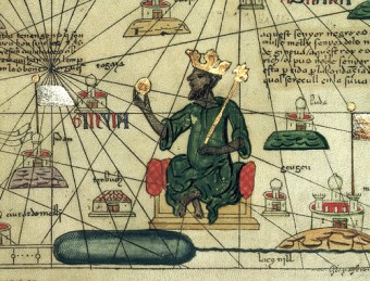 Copie d'une carte ralise en Espagne en 1375 reprsentant l'empereur du Mali Kankan Musa tenant une ppite d'or.