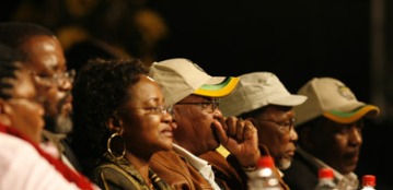 L'équipe dirigeante de l'ANC depuis le congrès de Polokwane en décembre 2007 : De gauche à droite : Thandi Modise, Gwede Mantashe, Baleka Mbete, Jacob Zuma, Kgalema Motlanthe et Mathew Phosa