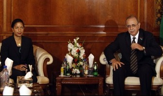 Susan Rice, ambassadrice des Etats-Unies  l'ONU avec Abdurrahim El Keib, ambassadeur de la Libye  l'ONU le 21 novembre