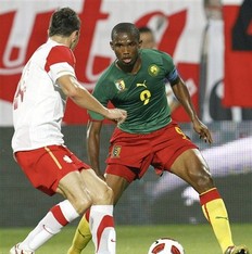 Samuel Eto'o lors du match amical face  la Pologne remport 3-0 par le Cameroun
