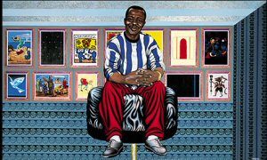 Dans "Aussi au plafond" (2002), Cheri Samba veut dire avec humour qu'il est fier d'tre considr comme un grand peintre et d'tre expos aux cts d'artistes renomms 