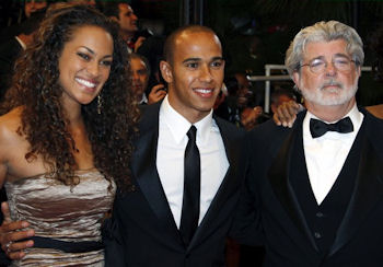 Vivian Burkhardt, Lewis Hamilton et George Lucas au festival de Cannes 2008