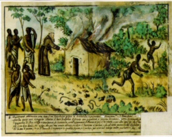 Moine capucin mettant le feu  une case contenant des objets de culte animiste, Sogno, royaume du Kongo, 1740