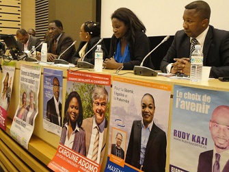 De g à d : Sega Doucouré, Eugénie Diecky (modératrice), Caroline Adomo et Kag Sanoussi lors du colloque ''Les Noirs de France et l'action politique''