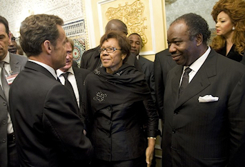 Nicolas Sarkozy en compagnie de Rose Rogombe et d'Ali Bongo lors des obsques d'Omar Bongo