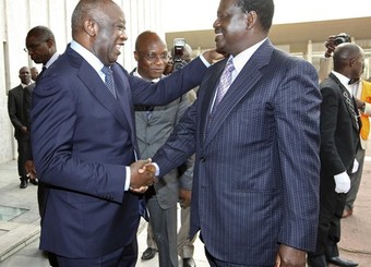 Laurent Gbagbo et le 1er ministre kenyan Raila Odinga ce lundi  Abidjan