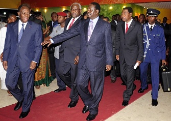 Alassane Ouattara avec Raila Odinga, Yayi Boni et Ernest Bai Koroma