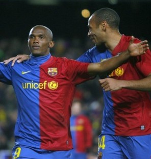 Samuel Eto'o aprs un but contre Gijon le 8 fvrier