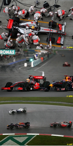 Arrt aux stands de Lewis Hamilton, Lewis doublant Mark Webber, Lewis sous le dluge malais