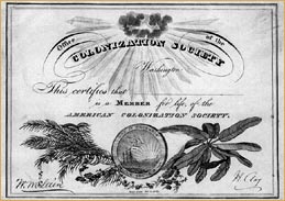 Un certificat d'adhsion  l'American Colonization Society