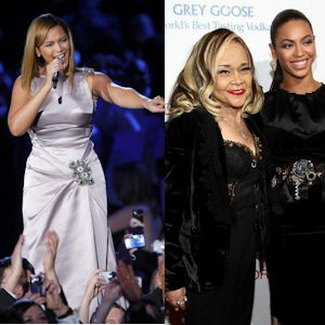A gauche, Beyonce lors du ''neighborhood ball'' le 20 janvier,  droite Beyonce et Etta James en novembre 2008