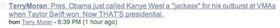 Le message envoy sur twitter par le journaliste Terry Moran rapportant le propos ''off'' de Barack Obama